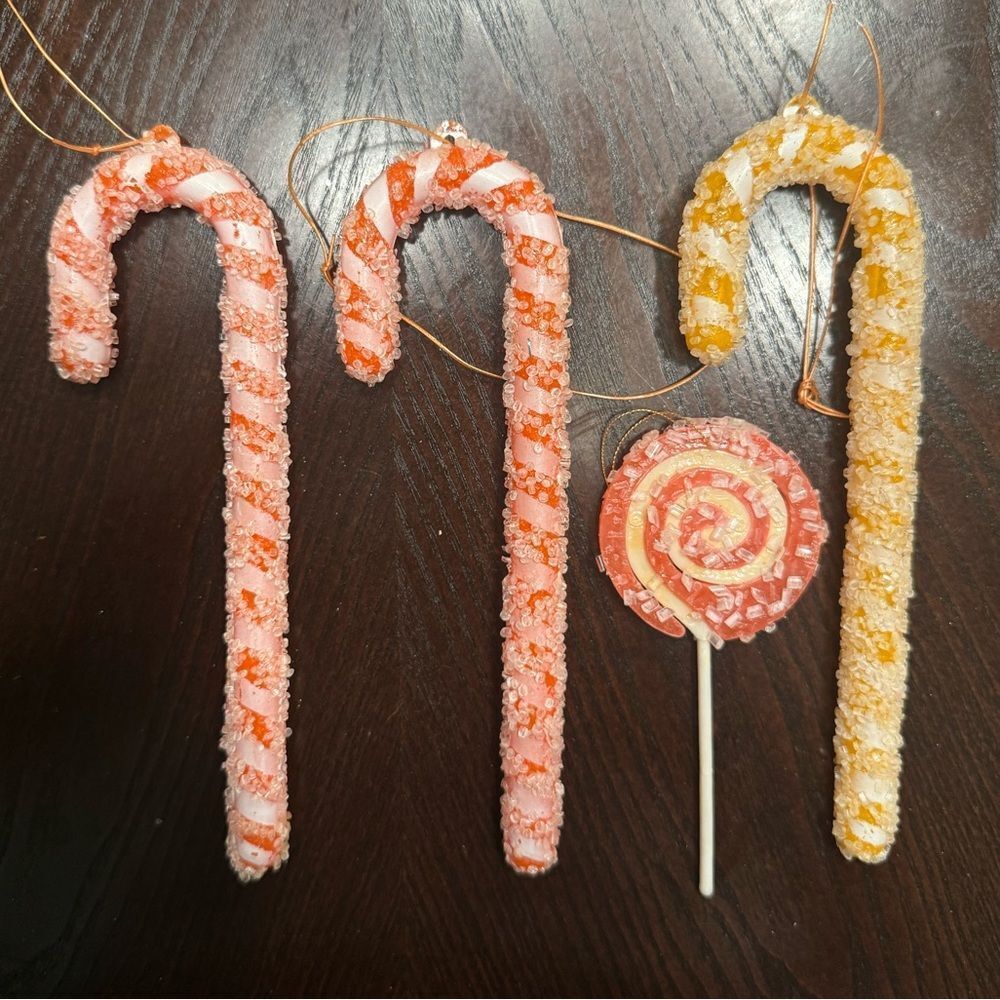 Vintage Jewelbrite Sugared Candy Cane and Lollipop Christmas Ornaments Set of 4